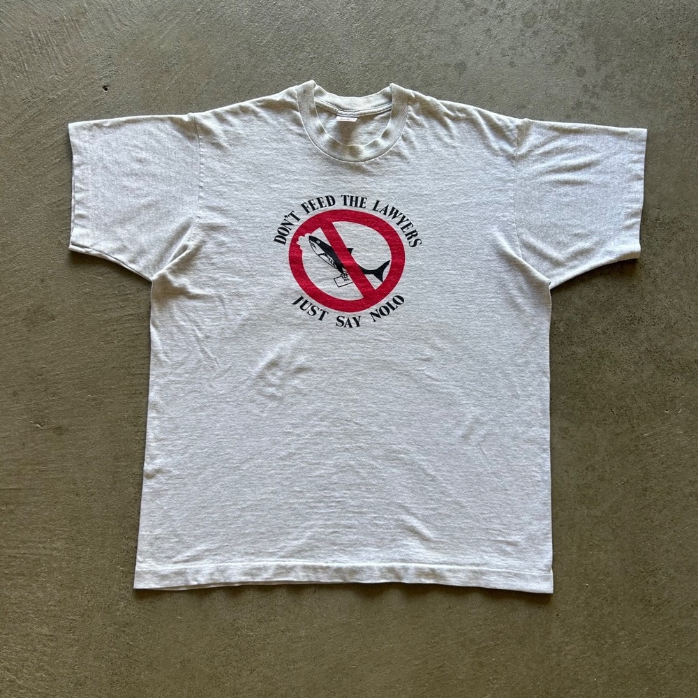 Vintage 90s Don't Feed The Lawyers Shirt Size Large Gray Shark Just Say Nolo Fun